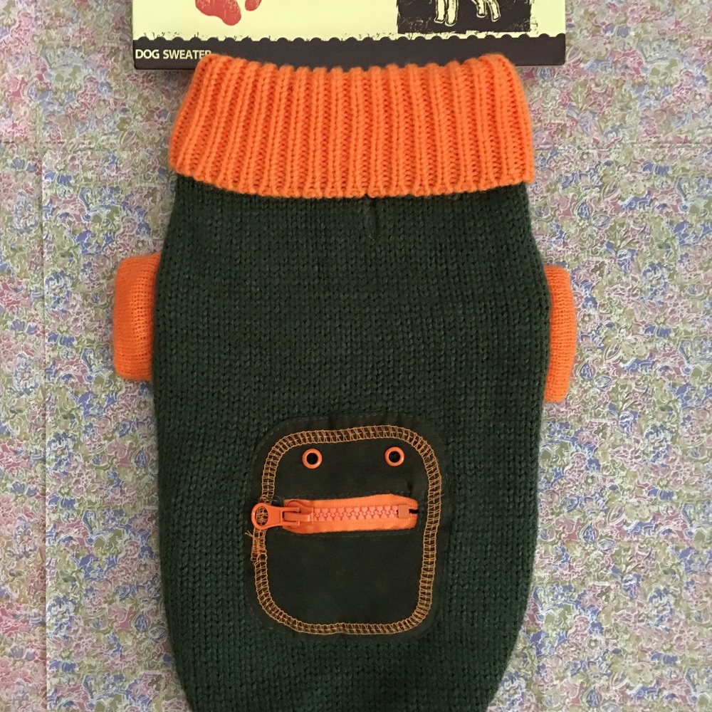 Small Dog Hunter Green & Orange Turtleneck Sweater with Zip Pocket Size Small